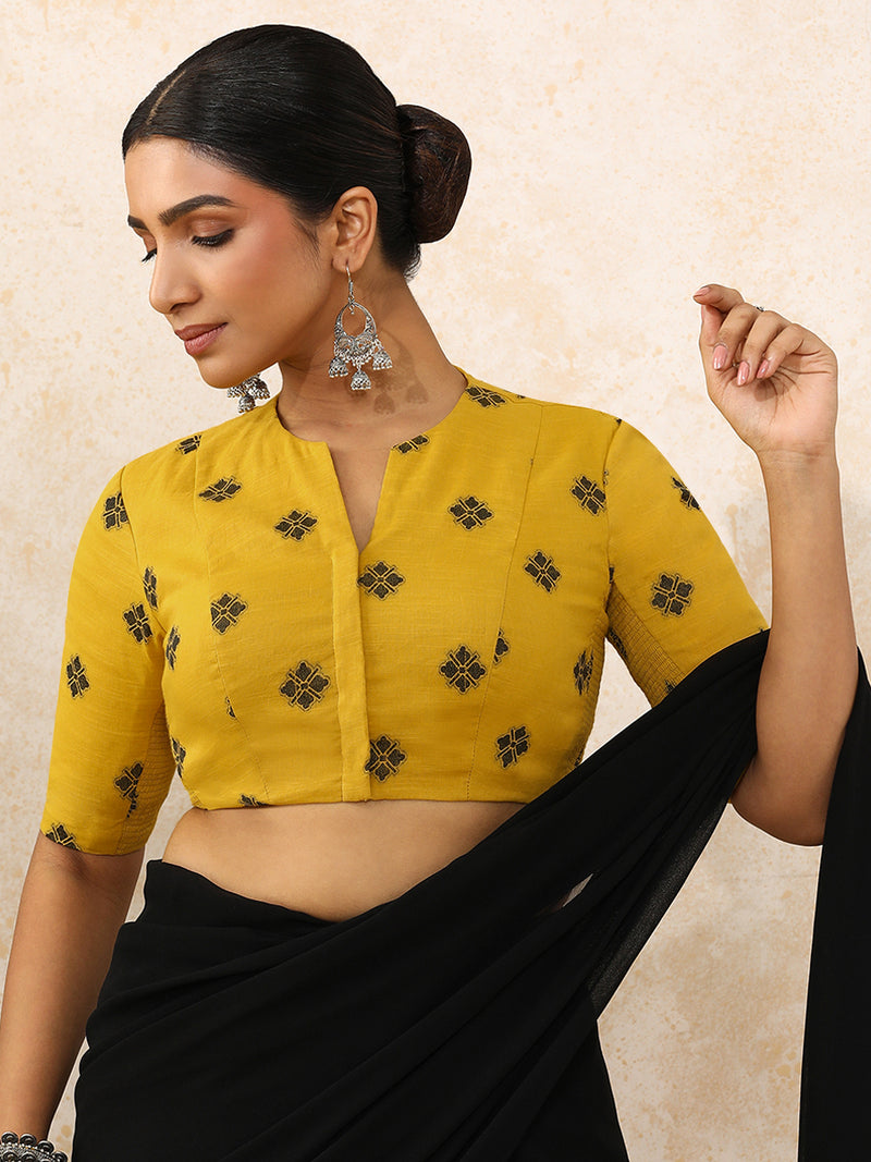 Gul x Rozaana | Elbow Sleeves Saree Blouse in Yellow Jacquard Cotton-Binks