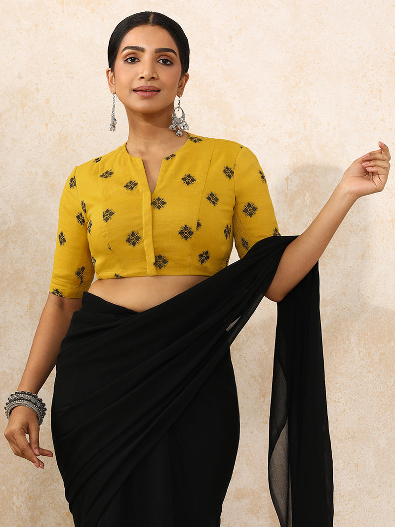 Gul x Rozaana | Elbow Sleeves Saree Blouse in Yellow Jacquard Cotton-Binks