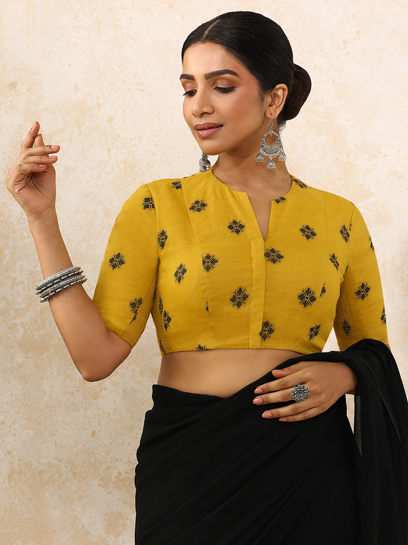 Gul x Rozaana | Elbow Sleeves Saree Blouse in Yellow Jacquard Cotton-Binks
