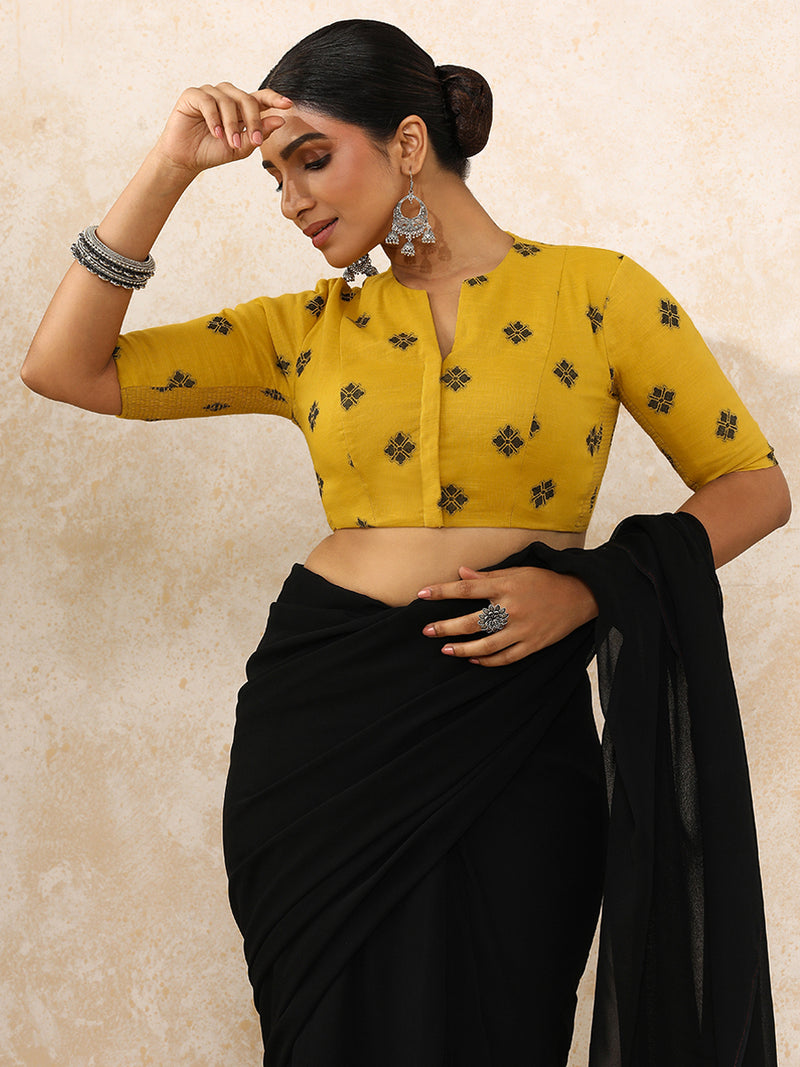 Gul x Rozaana | Elbow Sleeves Saree Blouse in Yellow Jacquard Cotton-Binks