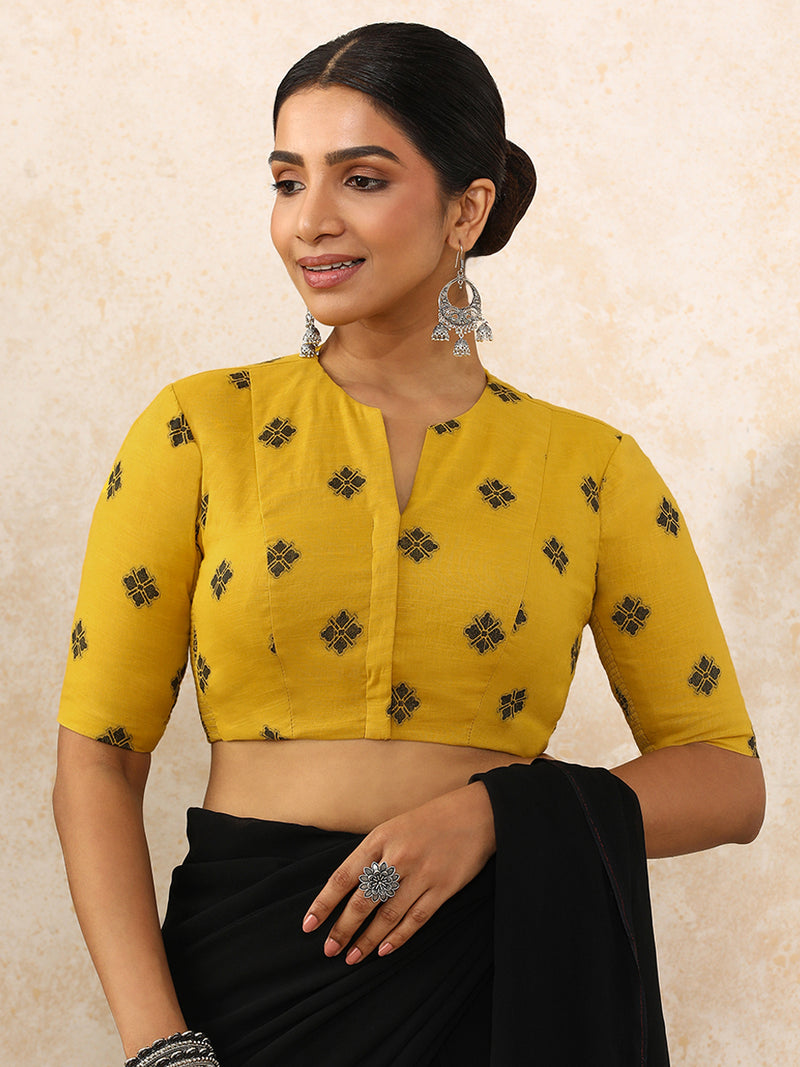 Gul x Rozaana | Elbow Sleeves Saree Blouse in Yellow Jacquard Cotton-Binks