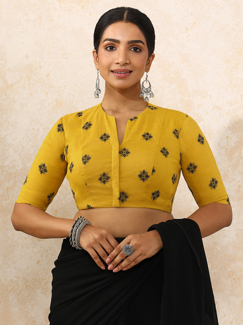 Gul x Rozaana | Elbow Sleeves Saree Blouse in Yellow Jacquard Cotton-Binks