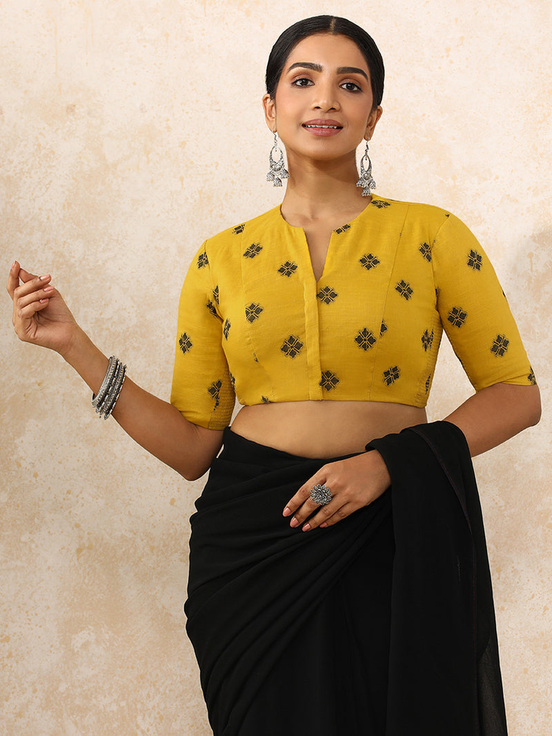 Gul x Rozaana | Elbow Sleeves Saree Blouse in Yellow Jacquard Cotton-Binks