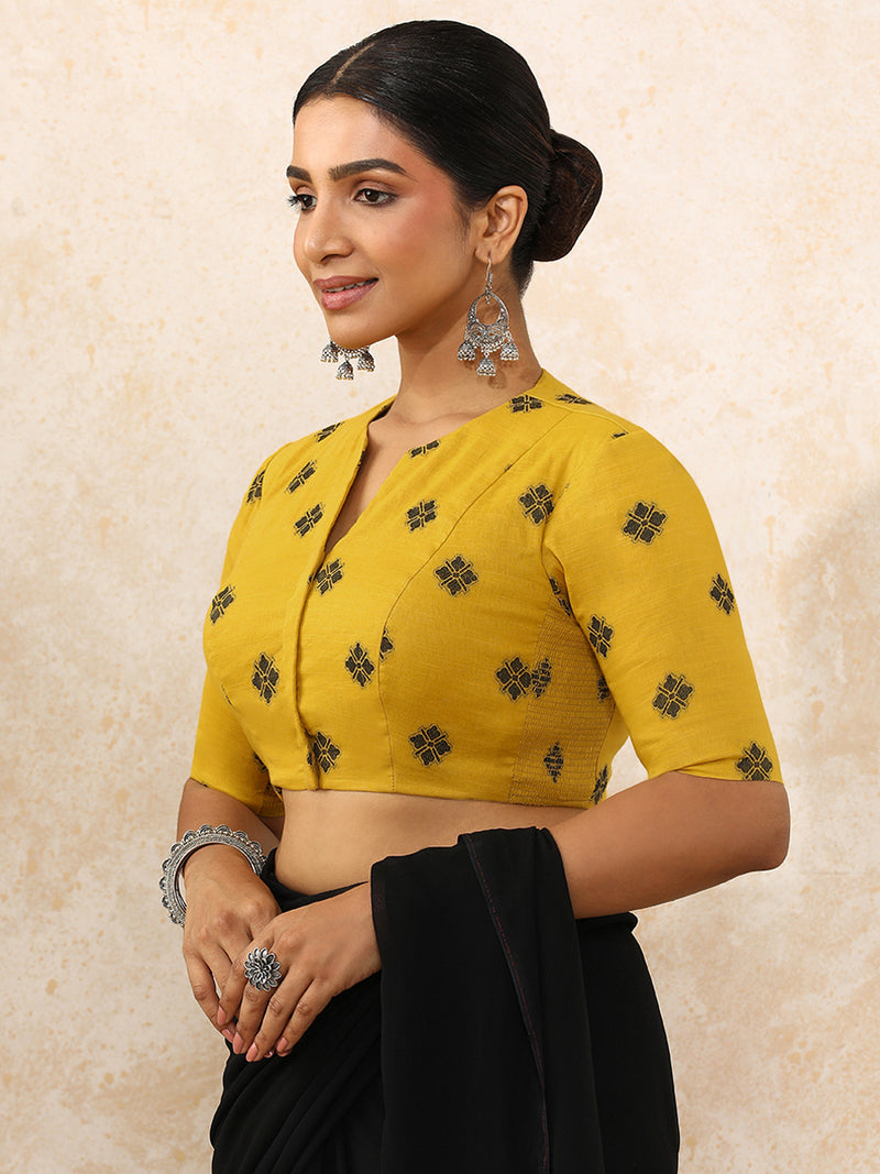 Gul x Rozaana | Elbow Sleeves Saree Blouse in Yellow Jacquard Cotton-Binks
