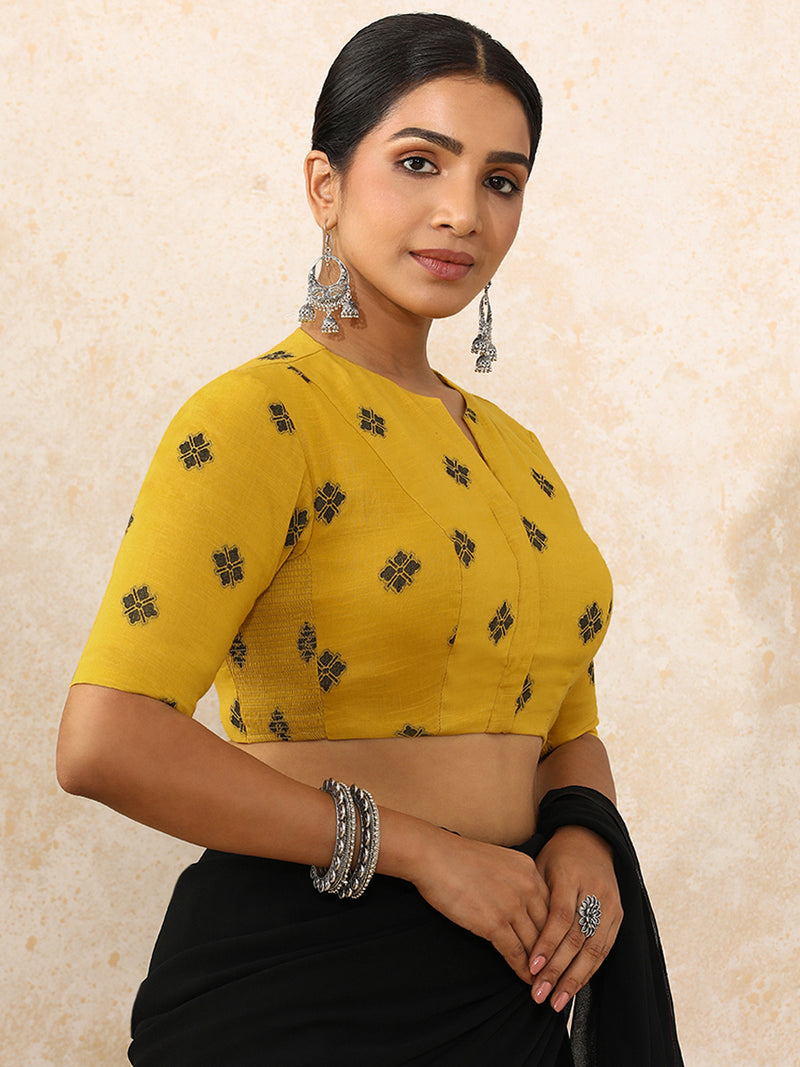 Gul x Rozaana | Elbow Sleeves Saree Blouse in Yellow Jacquard Cotton-Binks