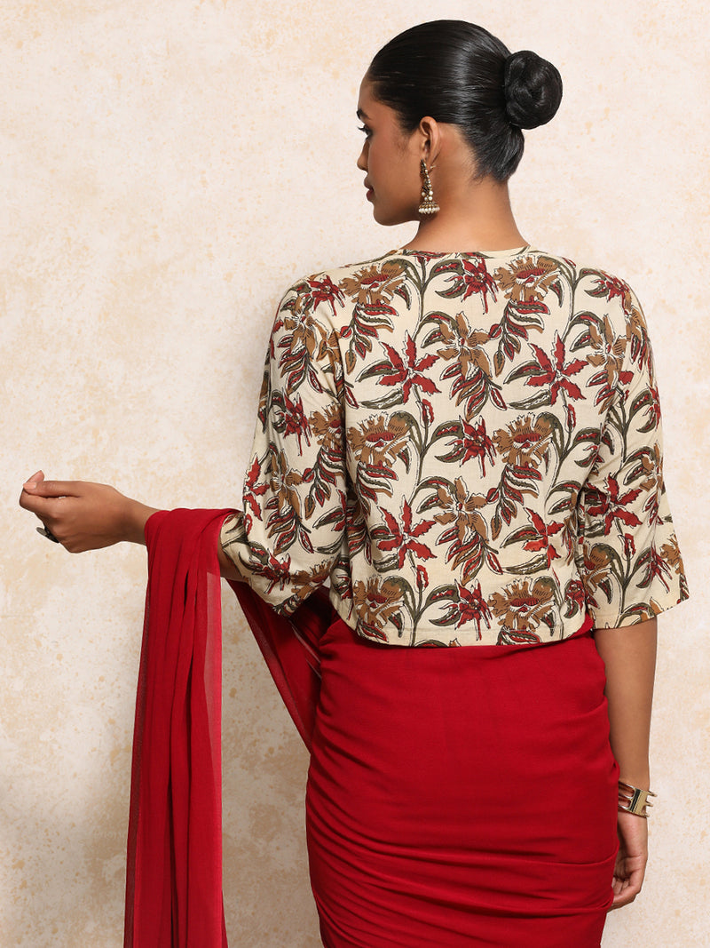 Harshita x Rozaana | Elbow Sleeves Saree Blouse in Cream Blossom Block Print Cotton-Binks