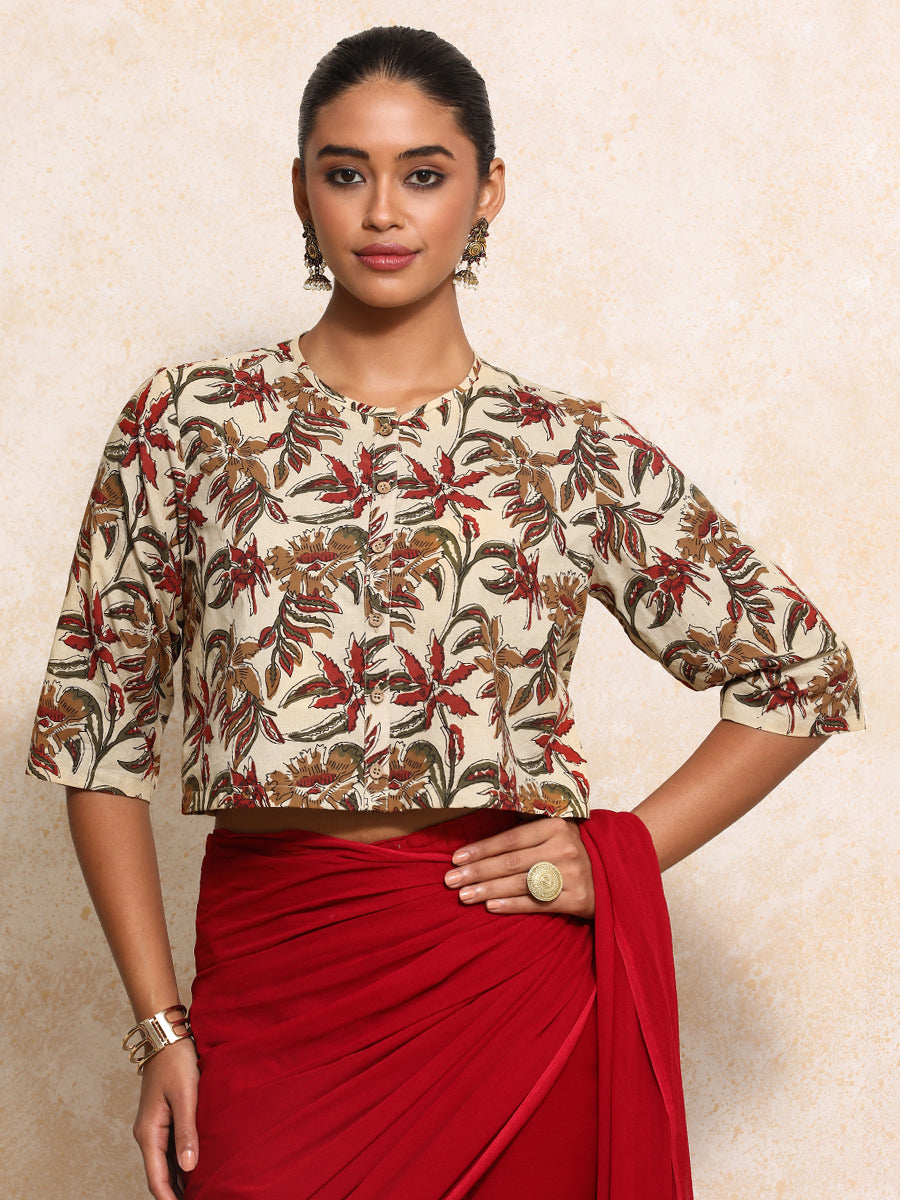 Harshita x Rozaana Saree Blouse, in Cream 100% Cotton - Block Printed, featuring elbow sleeves and jewel neckline (view 4).