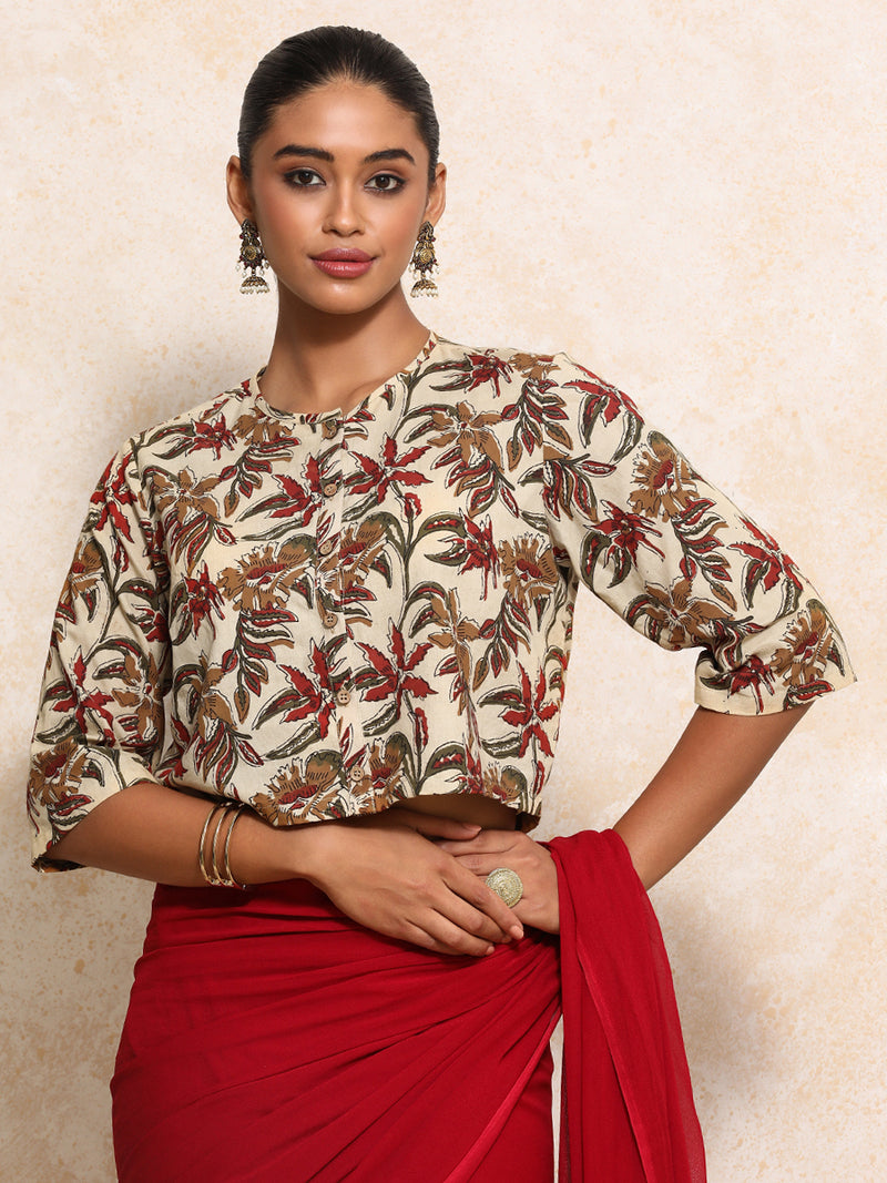 Harshita x Rozaana | Elbow Sleeves Saree Blouse in Cream Blossom Block Print Cotton-Binks