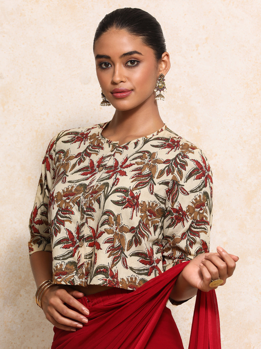 Harshita x Rozaana Saree Blouse, in Cream 100% Cotton - Block Printed, featuring elbow sleeves and jewel neckline (view 6).
