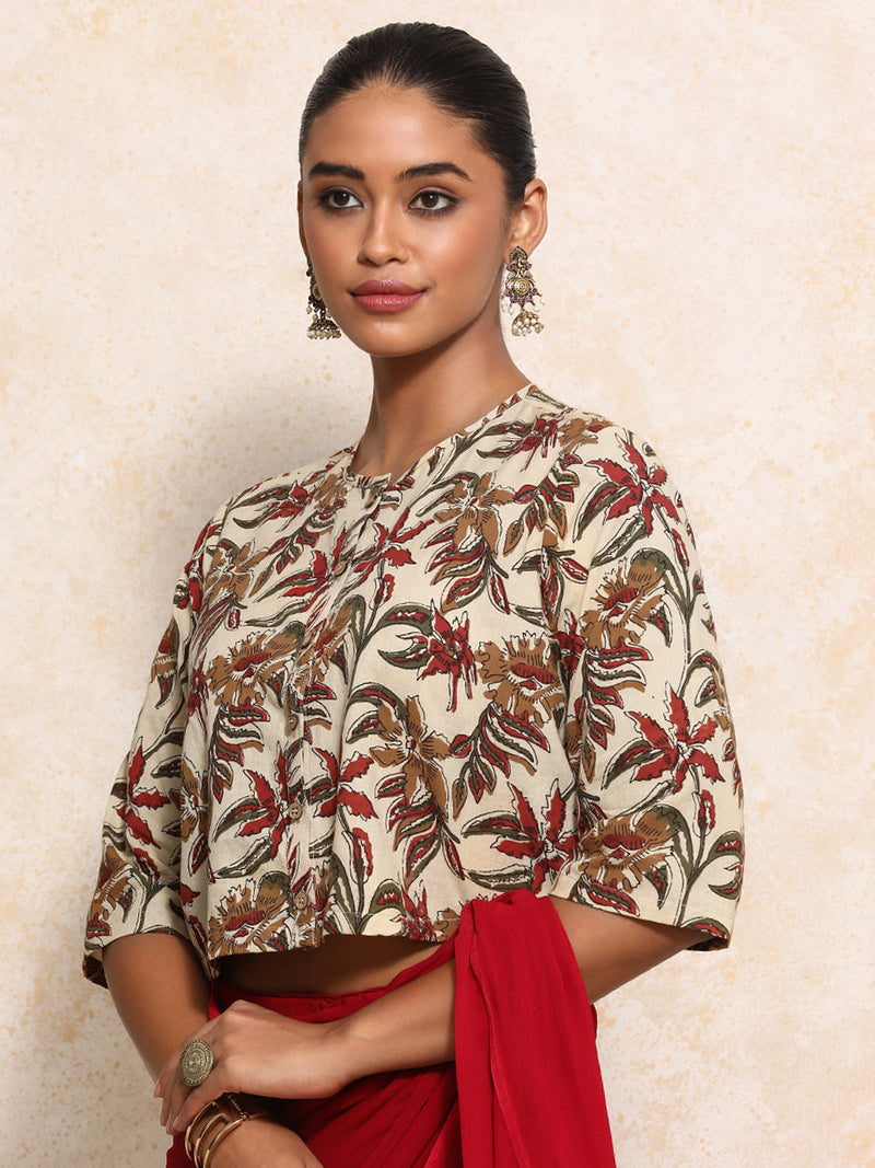 Harshita x Rozaana | Elbow Sleeves Saree Blouse in Cream Blossom Block Print Cotton-Binks