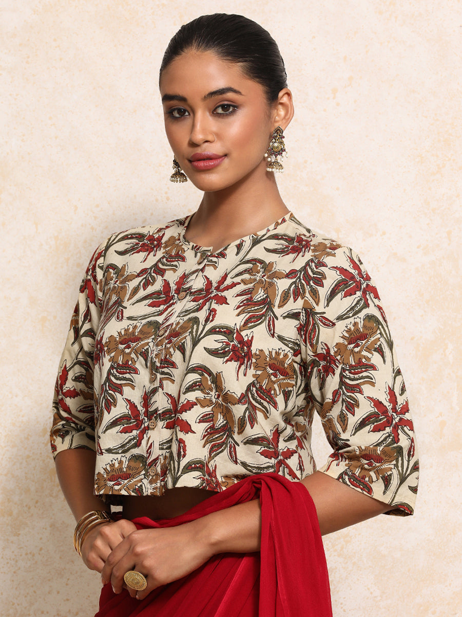 Harshita x Rozaana Saree Blouse, in Cream 100% Cotton - Block Printed, featuring elbow sleeves and jewel neckline (view 8).
