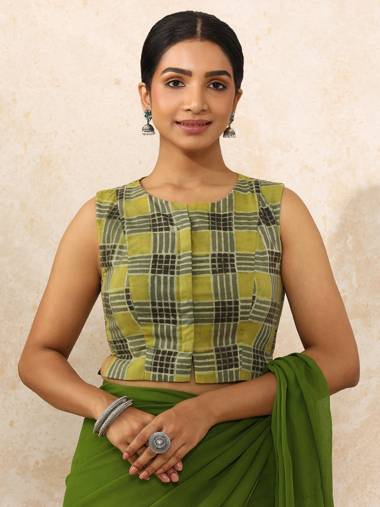 Hasina x Rozaana Saree Blouse, in Green 100% Cotton - Block Printed, featuring sleeveless and round neckline.