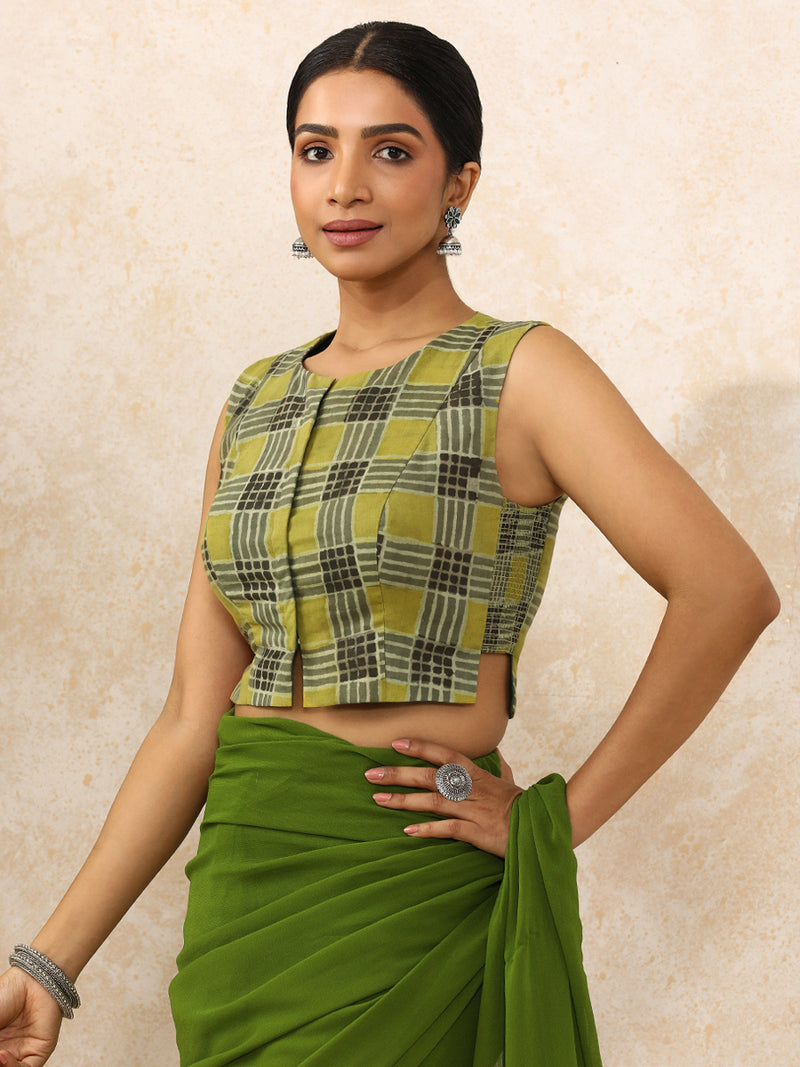 Hasina x Rozaana | Sleeveless Saree Blouse in Olive Grid Block Print Cotton-Binks