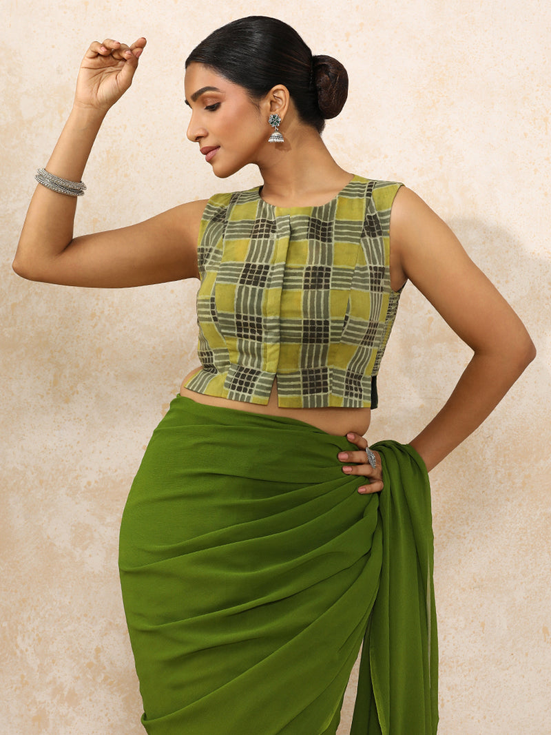 Hasina x Rozaana | Sleeveless Saree Blouse in Olive Grid Block Print Cotton-Binks