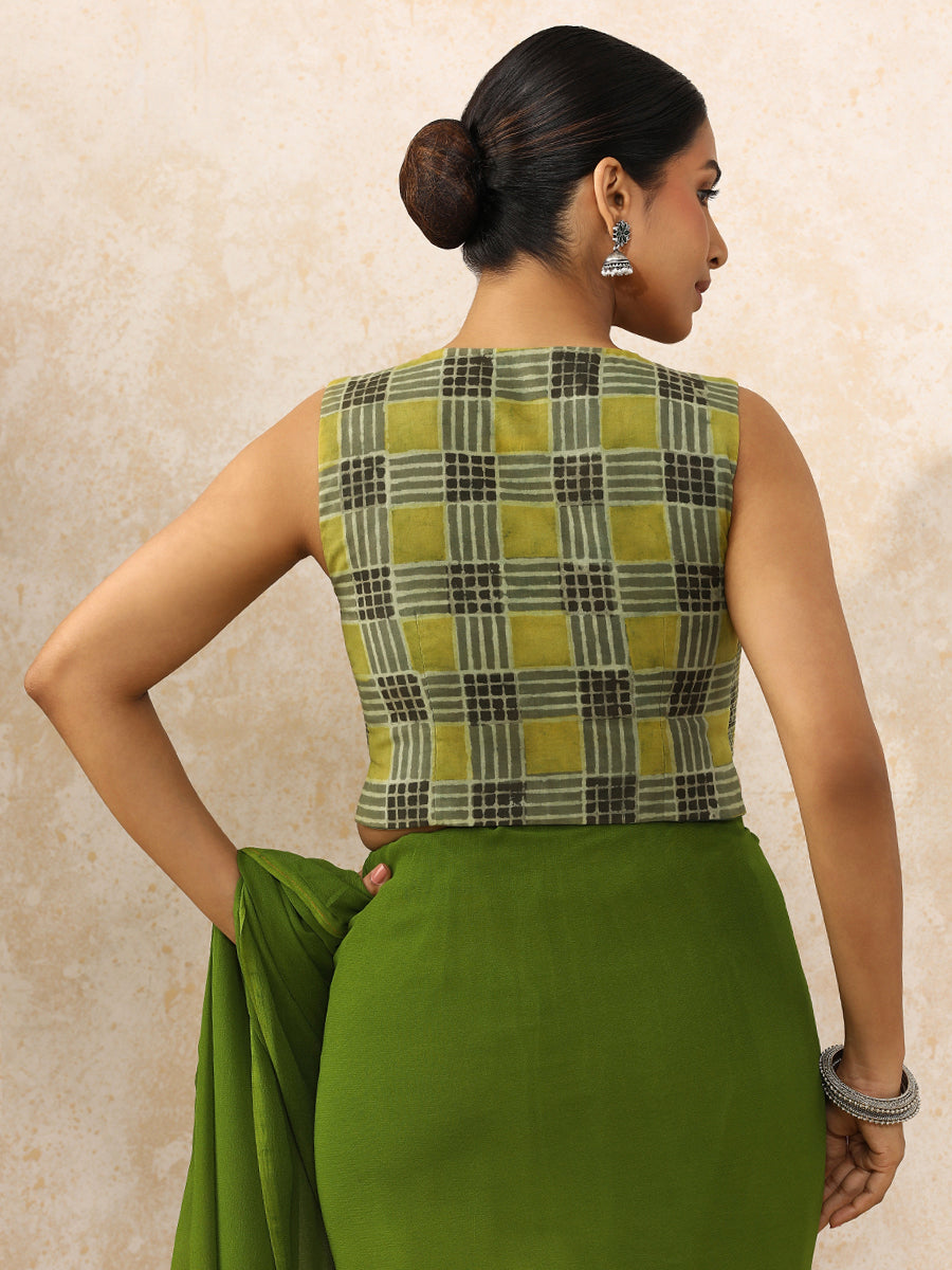 Hasina x Rozaana Saree Blouse, in Green 100% Cotton - Block Printed, featuring sleeveless and round neckline (view 2).