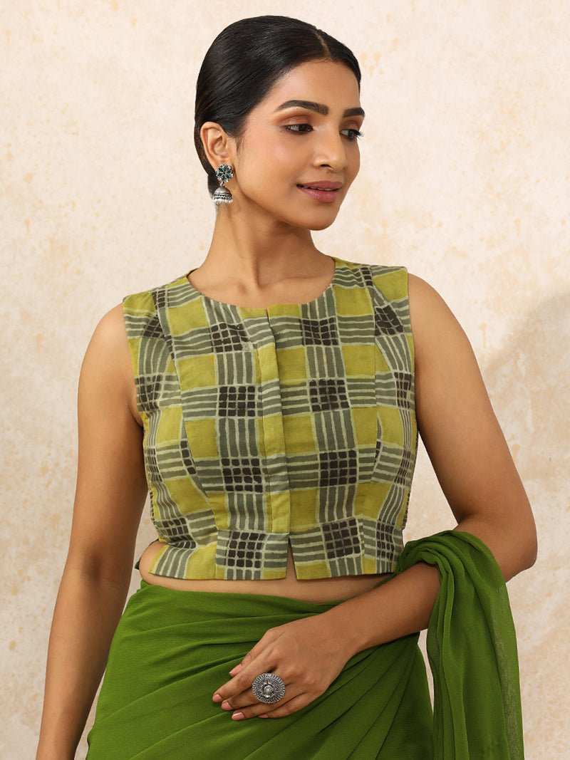 Hasina x Rozaana | Sleeveless Saree Blouse in Olive Grid Block Print Cotton-Binks