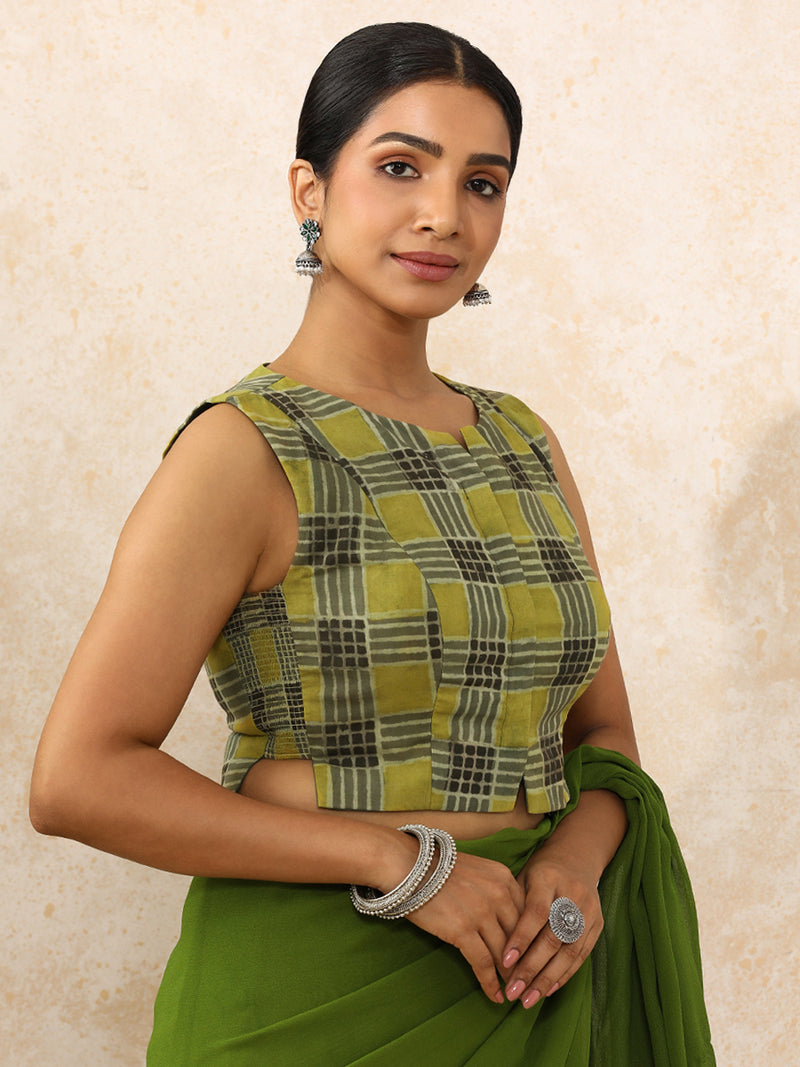 Hasina x Rozaana | Sleeveless Saree Blouse in Olive Grid Block Print Cotton-Binks