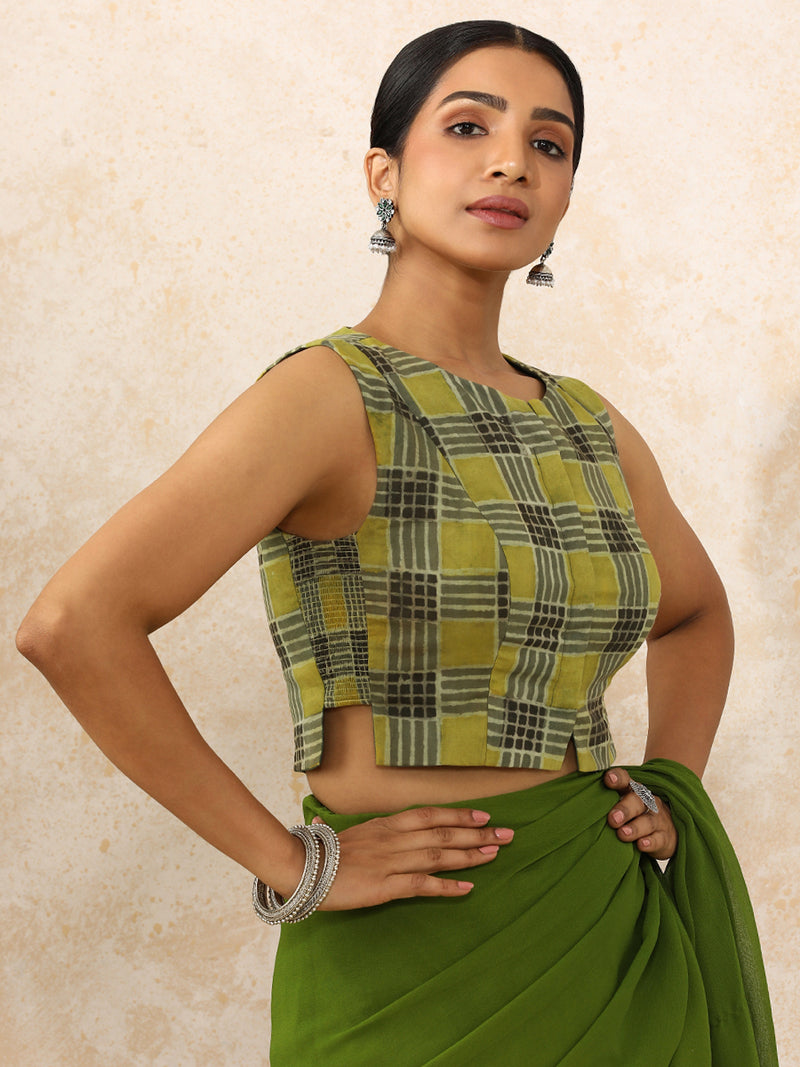 Hasina x Rozaana | Sleeveless Saree Blouse in Olive Grid Block Print Cotton-Binks