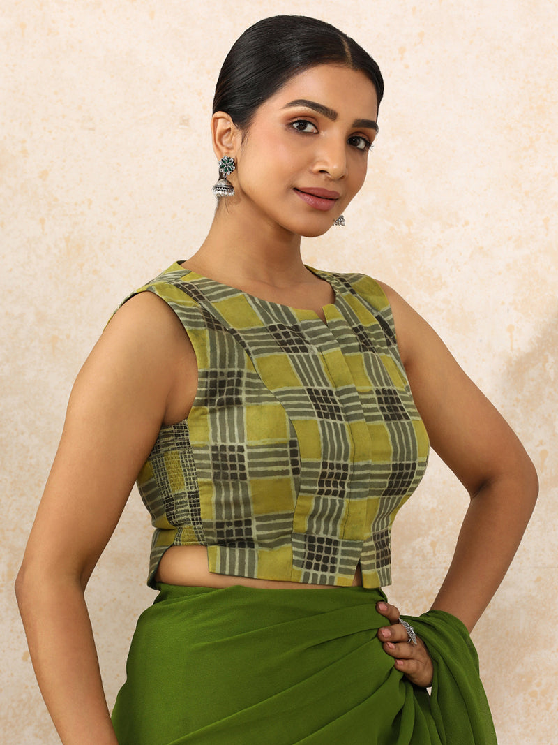 Hasina x Rozaana | Sleeveless Saree Blouse in Olive Grid Block Print Cotton-Binks