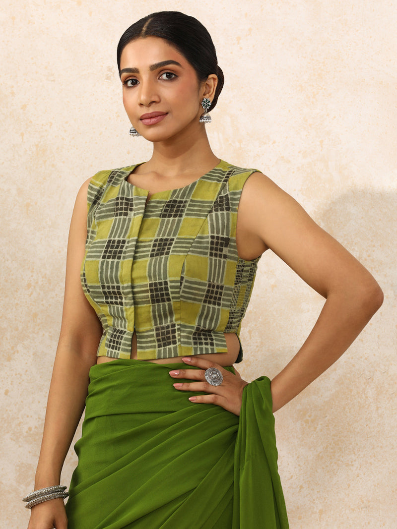 Hasina x Rozaana | Sleeveless Saree Blouse in Olive Grid Block Print Cotton-Binks