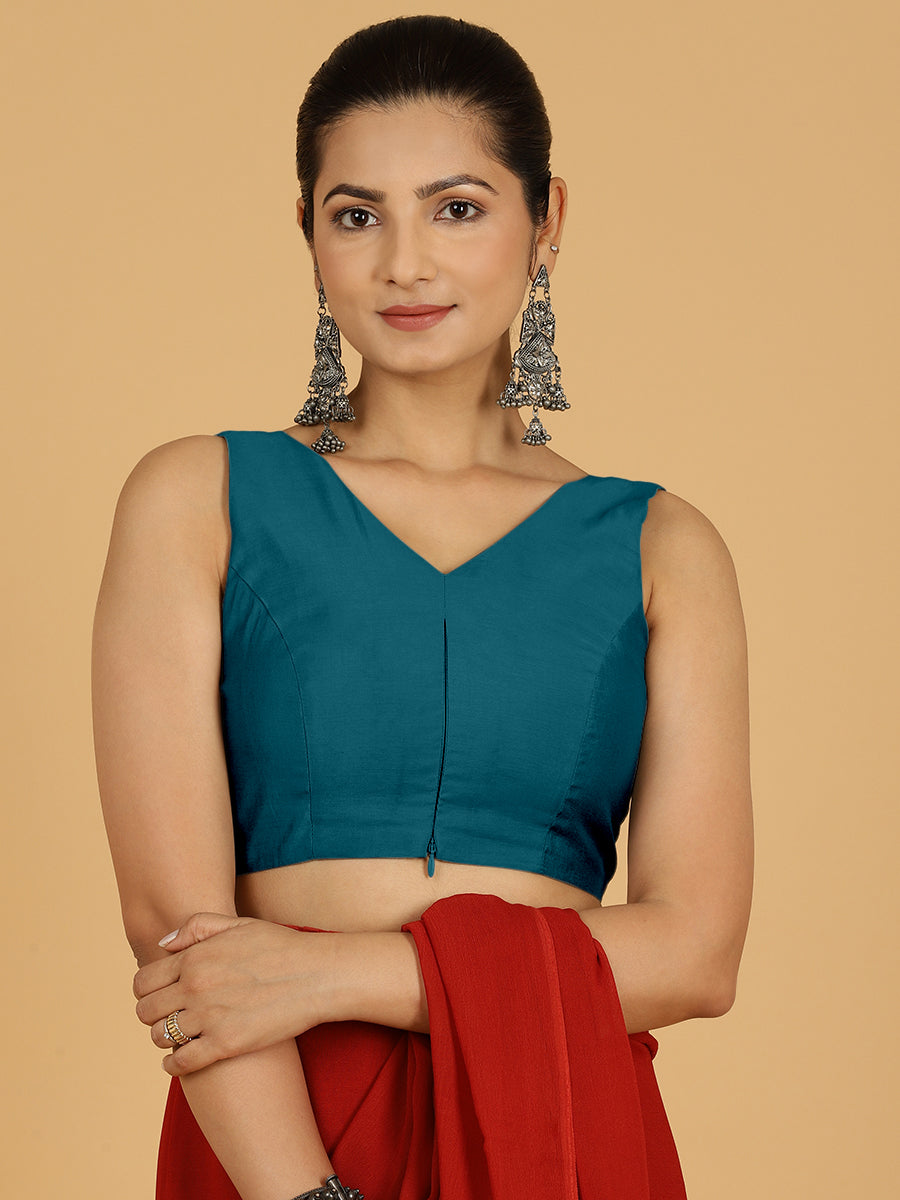 Hema x Rozaana Saree Blouse, in Blue Viscose, featuring sleeveless and v-neckline, made for daily & work.