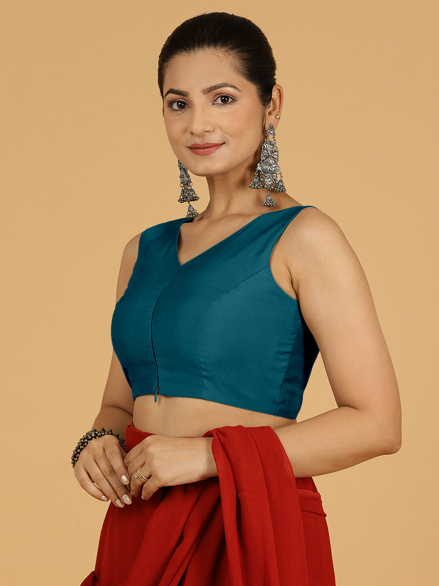 Hema x Rozaana Saree Blouse, in Blue Viscose, featuring sleeveless and v-neckline, made for daily & work (view 7).