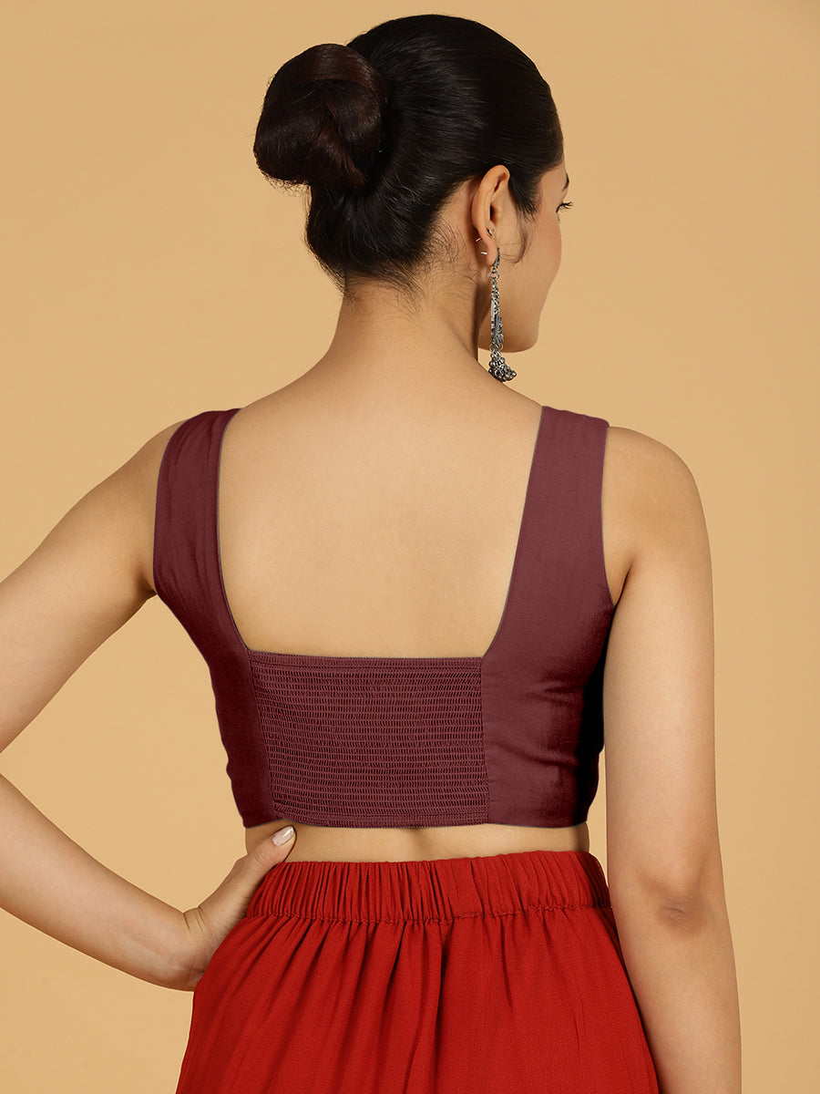Hema x Rozaana Saree Blouse, in Maroon Viscose, featuring sleeveless and v-neckline, made for daily & work (view 2).