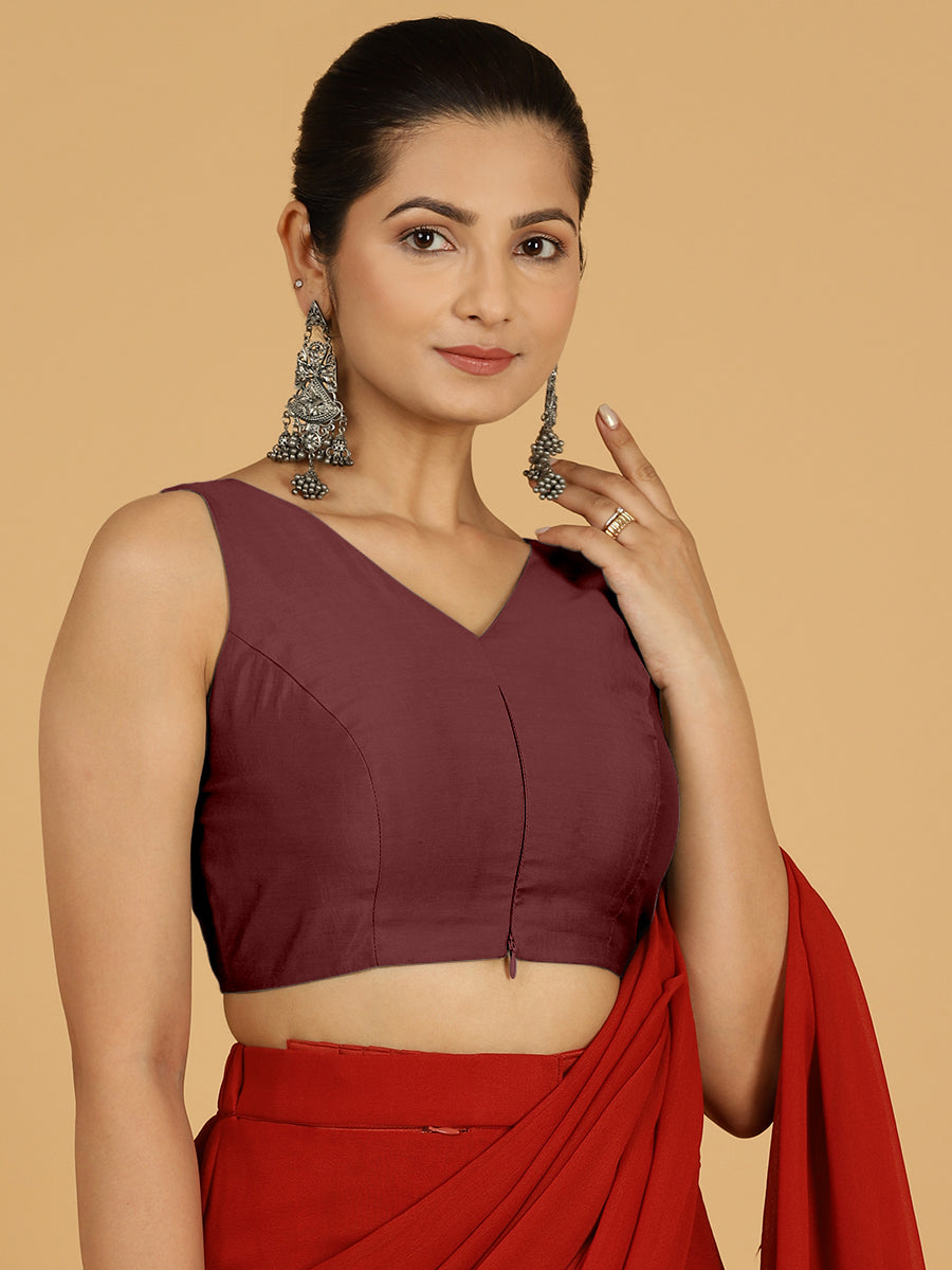 Hema x Rozaana Saree Blouse, in Maroon Viscose, featuring sleeveless and v-neckline, made for daily & work (view 7).