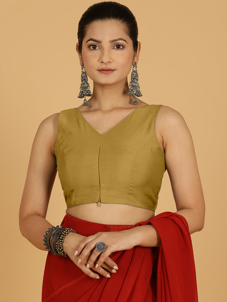 Hema x Rozaana Saree Blouse, in Yellow Viscose, featuring sleeveless and v-neckline, made for daily & work.