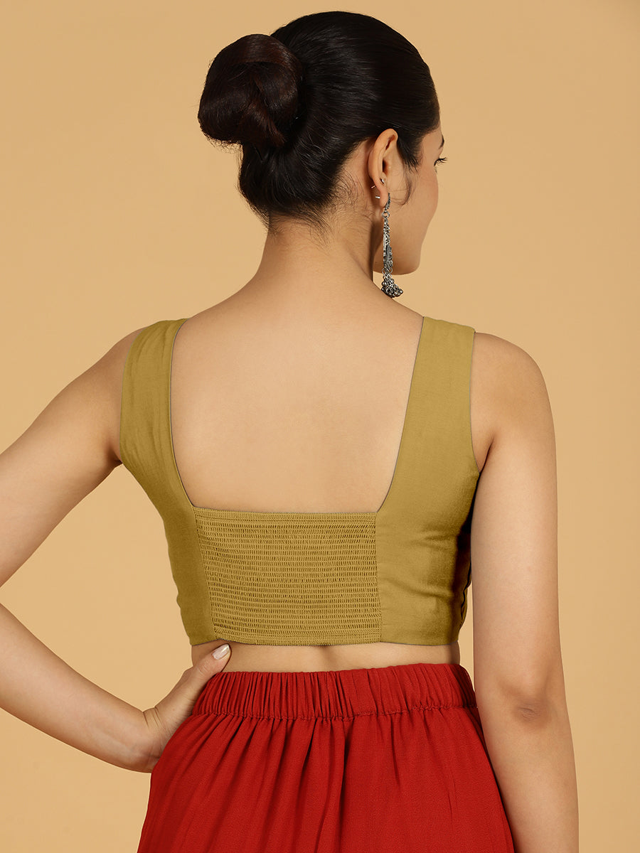 Hema x Rozaana Saree Blouse, in Yellow Viscose, featuring sleeveless and v-neckline, made for daily & work (view 2).