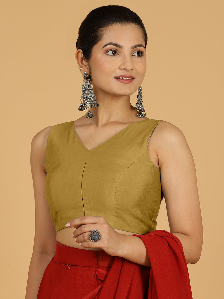 Hema x Rozaana Saree Blouse, in Yellow Viscose, featuring sleeveless and v-neckline, made for daily & work (view 4).