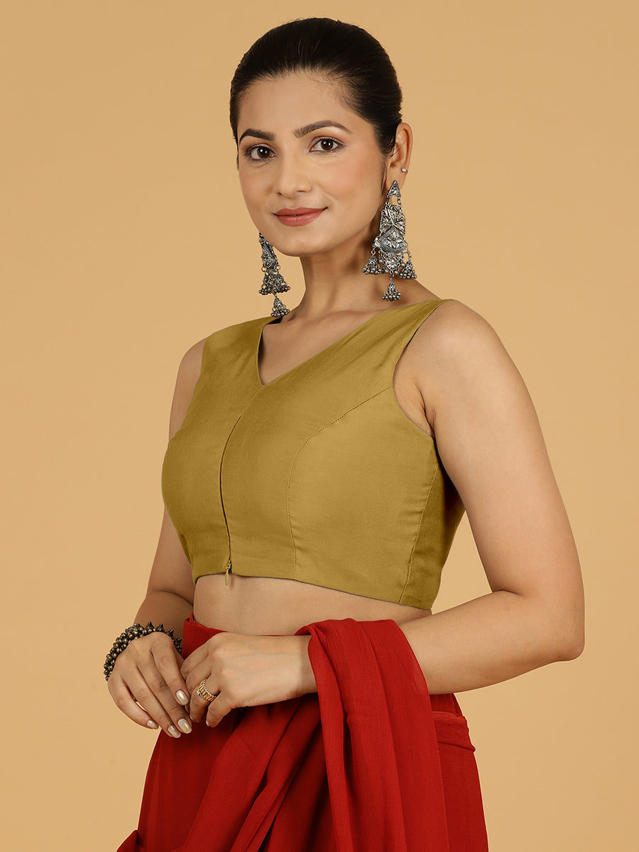 Hema x Rozaana Saree Blouse, in Yellow Viscose, featuring sleeveless and v-neckline, made for daily & work (view 6).