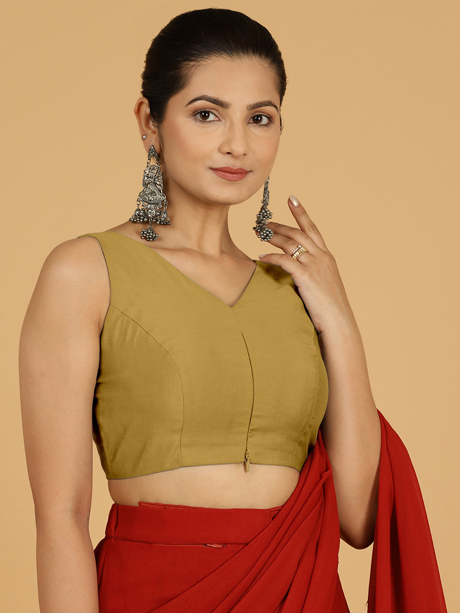 Hema x Rozaana Saree Blouse, in Yellow Viscose, featuring sleeveless and v-neckline, made for daily & work (view 7).