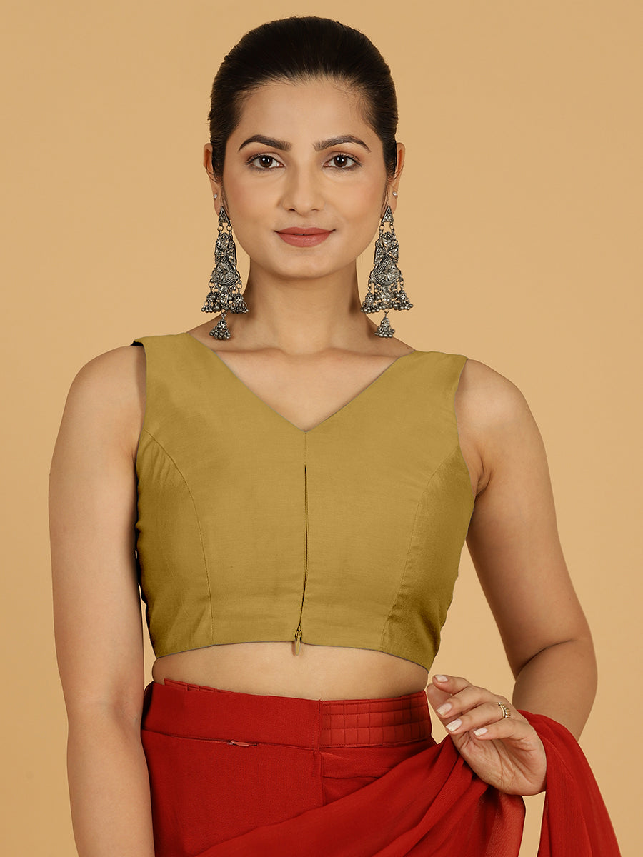 Hema x Rozaana Saree Blouse, in Yellow Viscose, featuring sleeveless and v-neckline, made for daily & work (view 8).