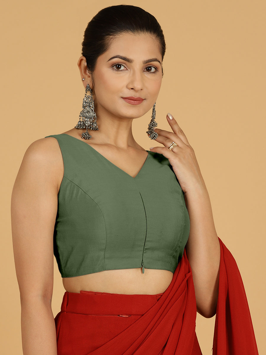 Hema x Rozaana Saree Blouse, in Green Viscose, featuring sleeveless and v-neckline, made for daily & work (view 7).