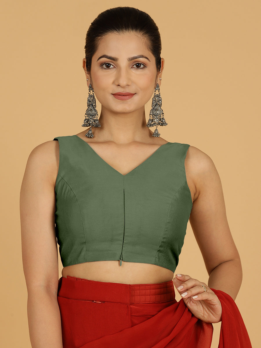 Hema x Rozaana Saree Blouse, in Green Viscose, featuring sleeveless and v-neckline, made for daily & work (view 8).