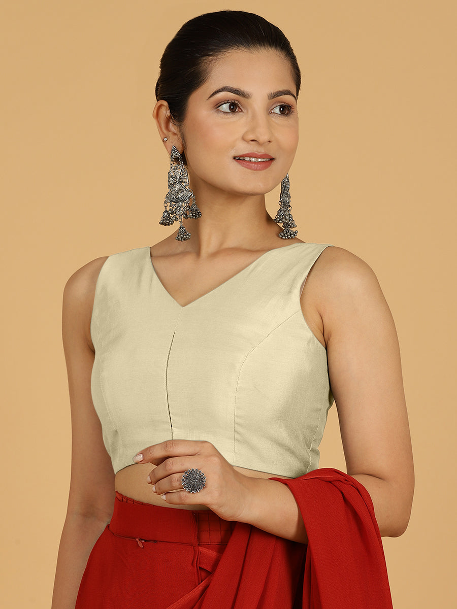 Hema x Rozaana Saree Blouse, in White Viscose, featuring sleeveless and v-neckline, made for daily & work (view 4).