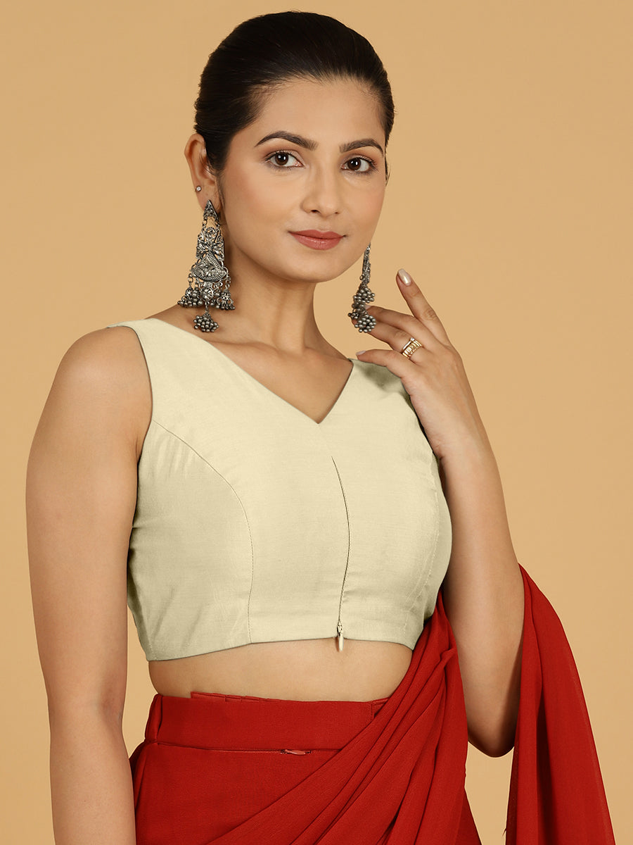 Hema x Rozaana Saree Blouse, in White Viscose, featuring sleeveless and v-neckline, made for daily & work (view 7).