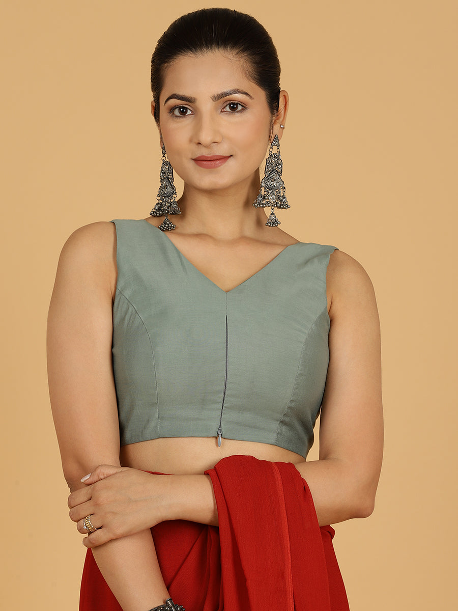 Hema x Rozaana Saree Blouse, in Green Viscose, featuring sleeveless and v-neckline, made for daily & work (view 4).