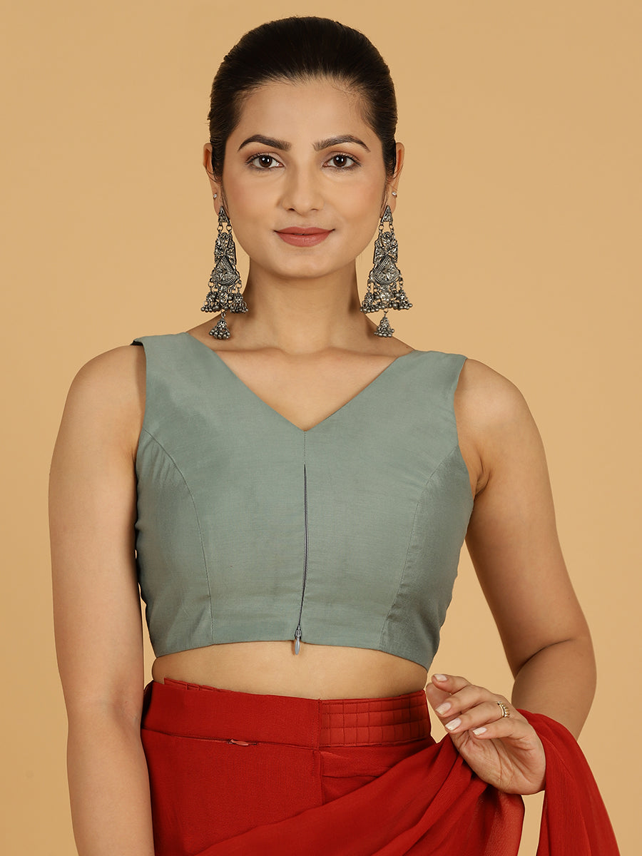 Hema x Rozaana Saree Blouse, in Green Viscose, featuring sleeveless and v-neckline, made for daily & work (view 5).