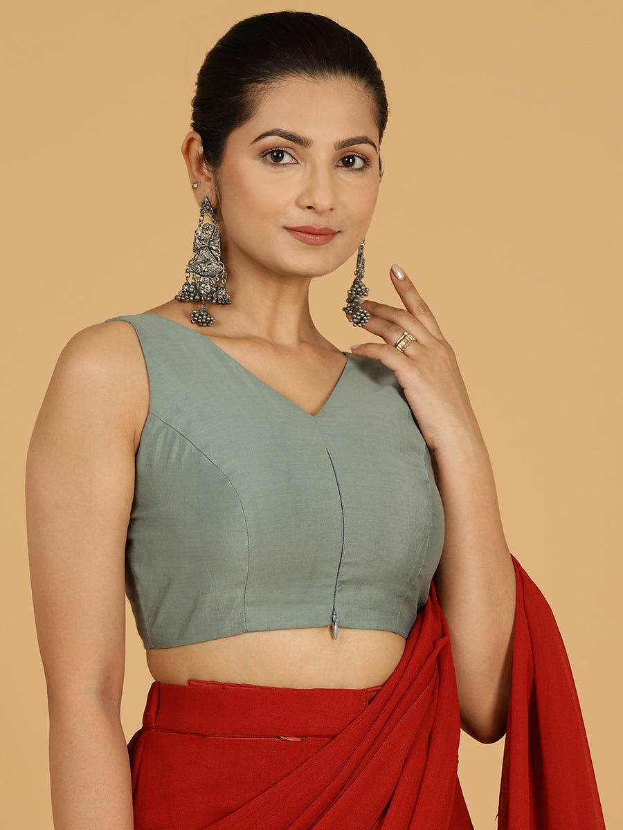 Hema x Rozaana Saree Blouse, in Green Viscose, featuring sleeveless and v-neckline, made for daily & work (view 6).