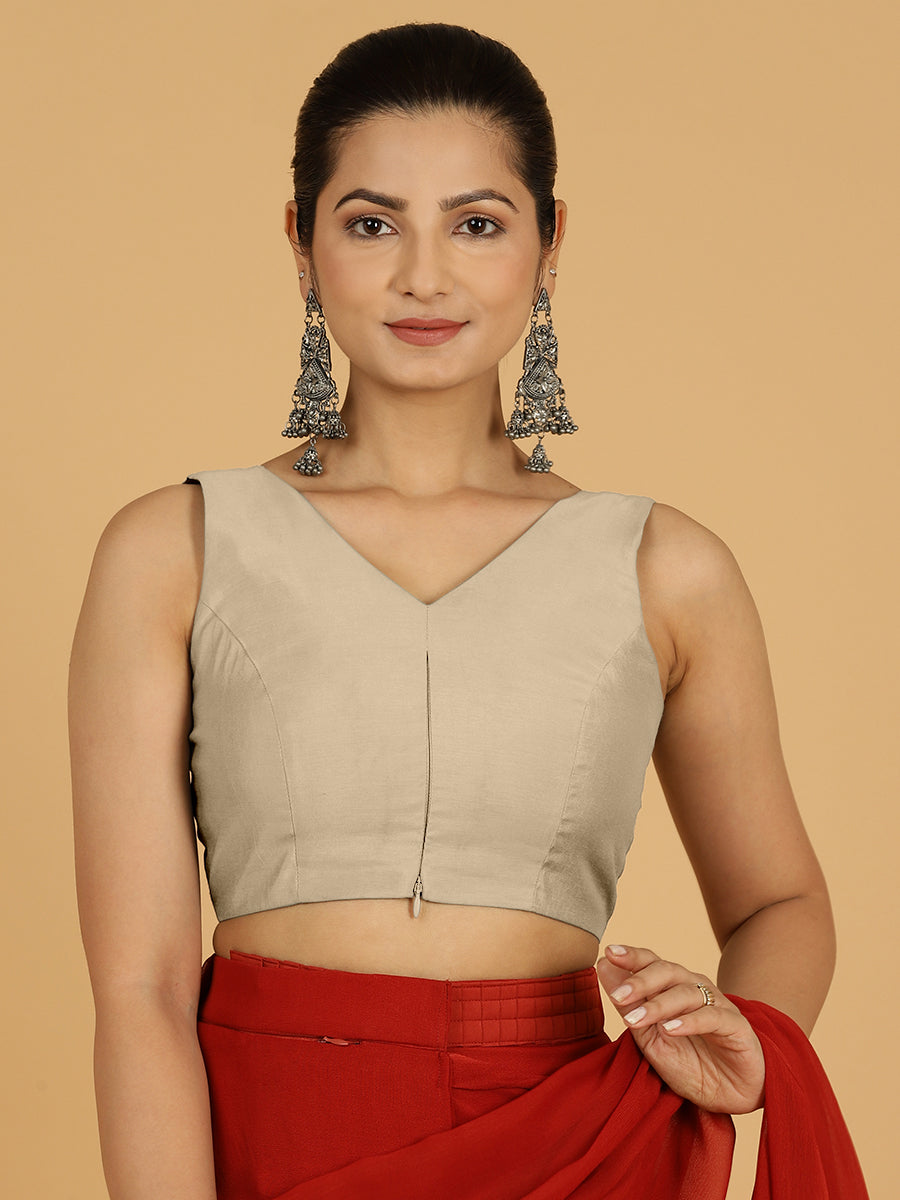 Hema x Rozaana Saree Blouse, in Grey Viscose, featuring sleeveless and v-neckline, made for daily & work.