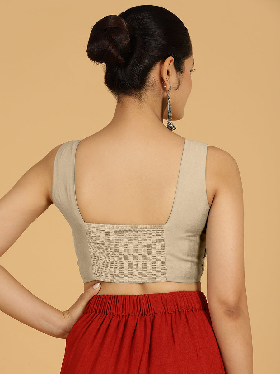 Hema x Rozaana Saree Blouse, in Grey Viscose, featuring sleeveless and v-neckline, made for daily & work (view 2).