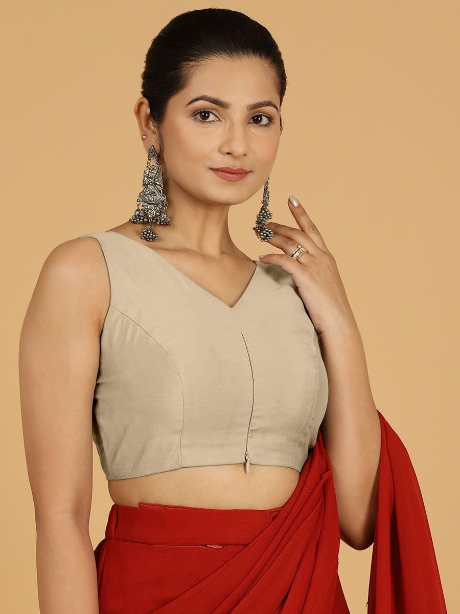 Hema x Rozaana Saree Blouse, in Grey Viscose, featuring sleeveless and v-neckline, made for daily & work (view 8).