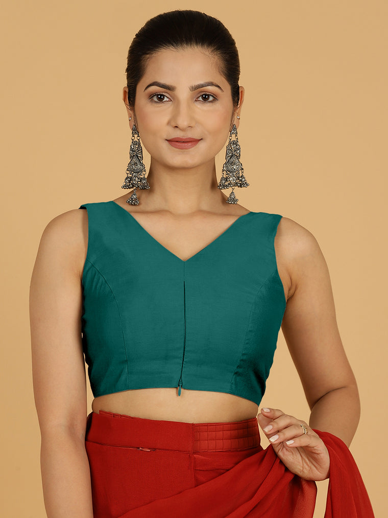 Hema x Rozaana Saree Blouse, in Green Viscose, featuring sleeveless and v-neckline, made for daily & work.