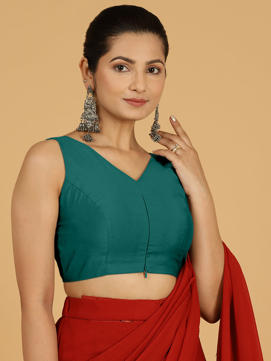 Hema x Rozaana Saree Blouse, in Green Viscose, featuring sleeveless and v-neckline, made for daily & work (view 8).