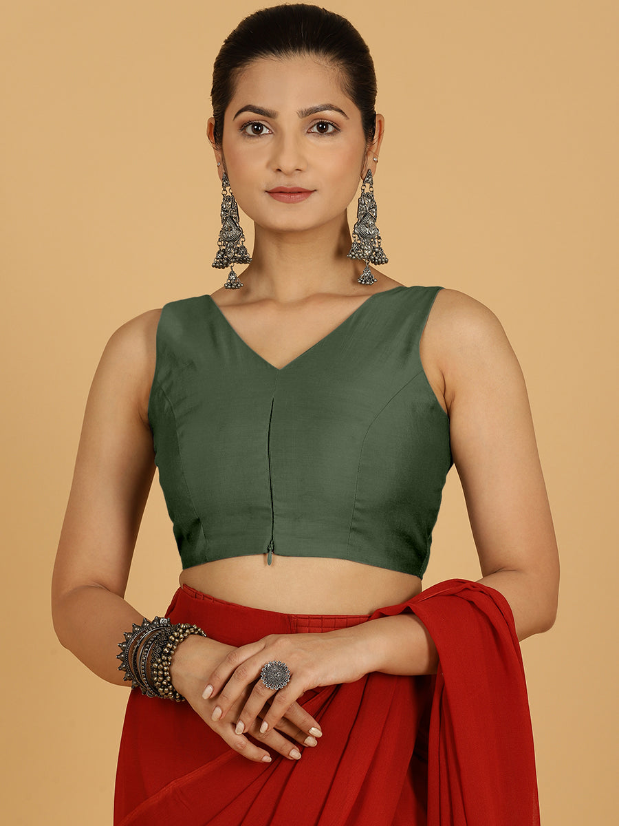 Hema x Rozaana Saree Blouse, in Green Viscose, featuring sleeveless and v-neckline, made for daily & work (view 5).