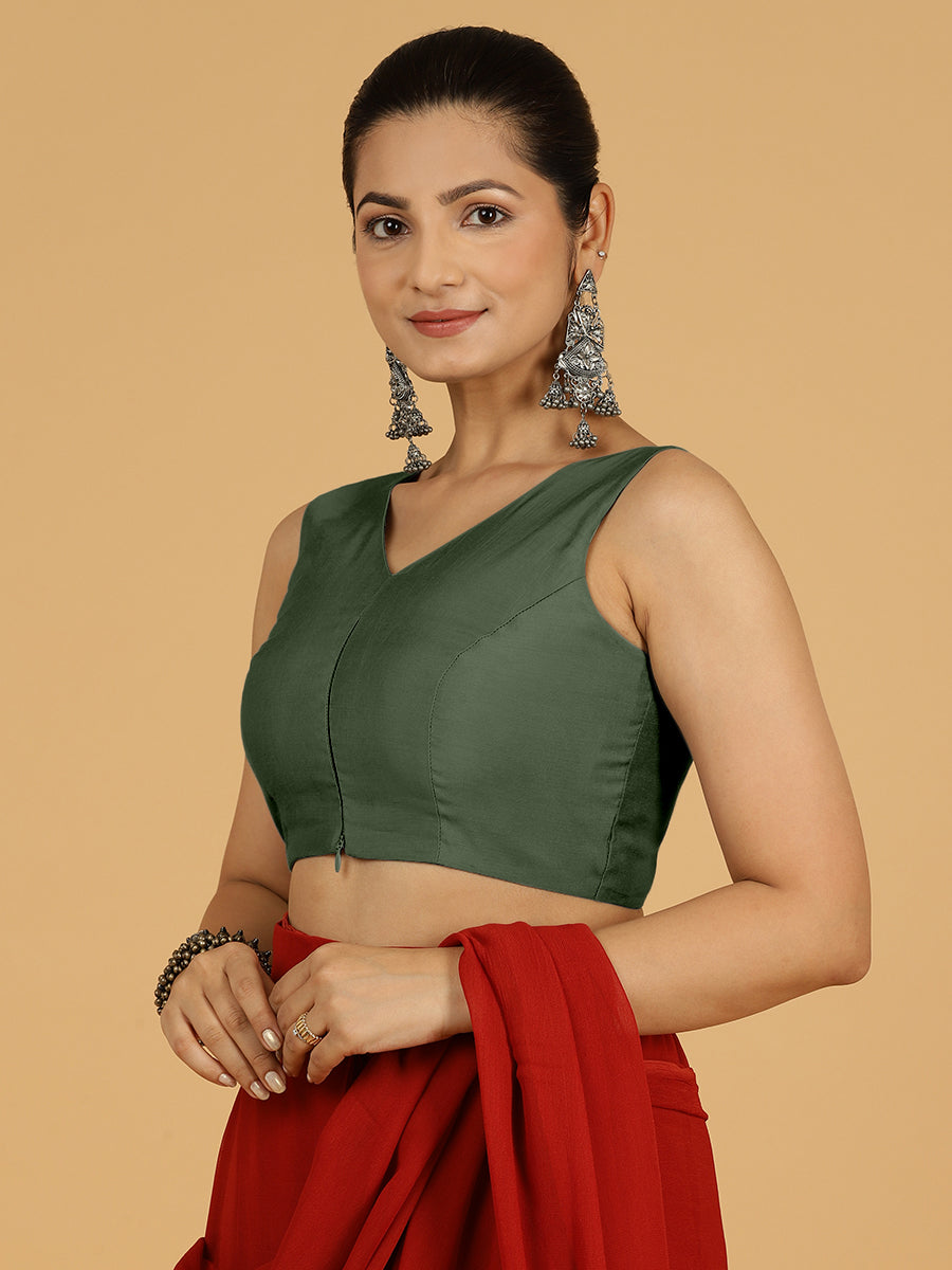 Hema x Rozaana Saree Blouse, in Green Viscose, featuring sleeveless and v-neckline, made for daily & work (view 7).