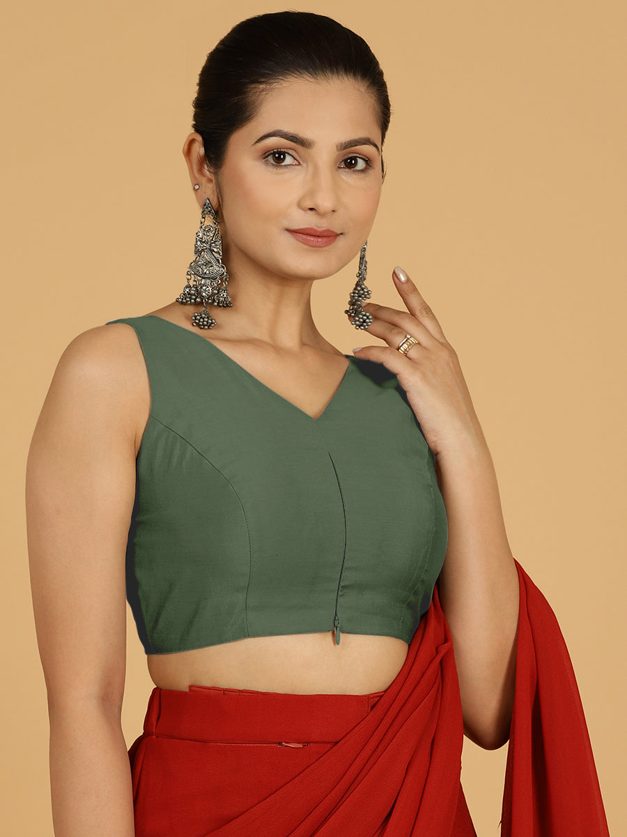Hema x Rozaana Saree Blouse, in Green Viscose, featuring sleeveless and v-neckline, made for daily & work (view 8).