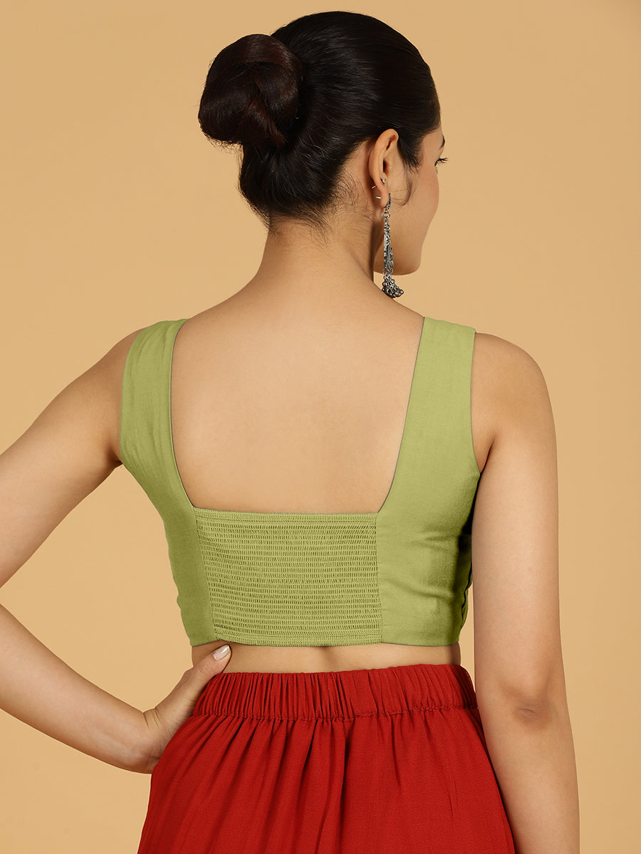 Hema x Rozaana Saree Blouse, in Green Viscose, featuring sleeveless and v-neckline, made for daily & work (view 2).